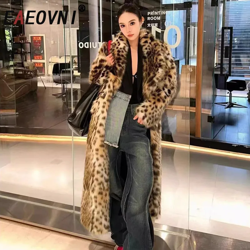 EAEOVNI Cappotto lungo in pelliccia moda leopardo donna streetwear caldo giacca vintage in colore a contrasto temperamento inverno nuovi vestiti