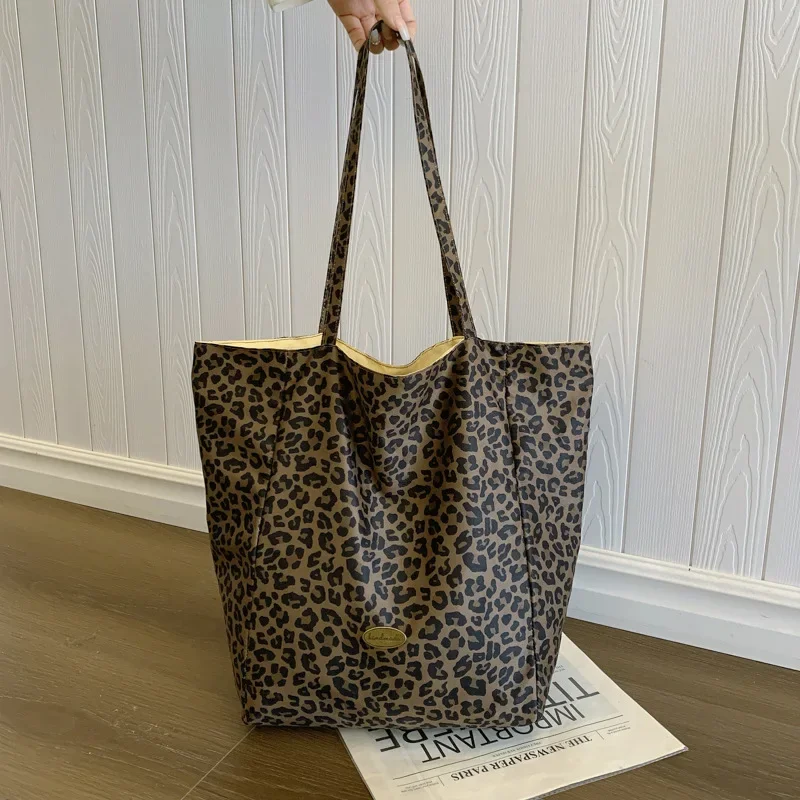 

Leopard print canvas bag, women's tide fashion college style tote bag, casual large-capacity cloth bag