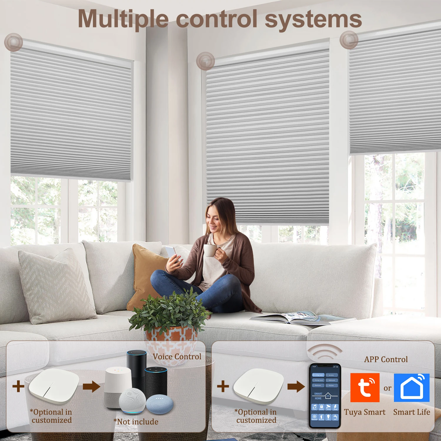 

Motorized Blackout Cellular Shades Smart Honeycomb Blinds Alexa Google Home TUYA Remote Control Custom Size Window Coverings