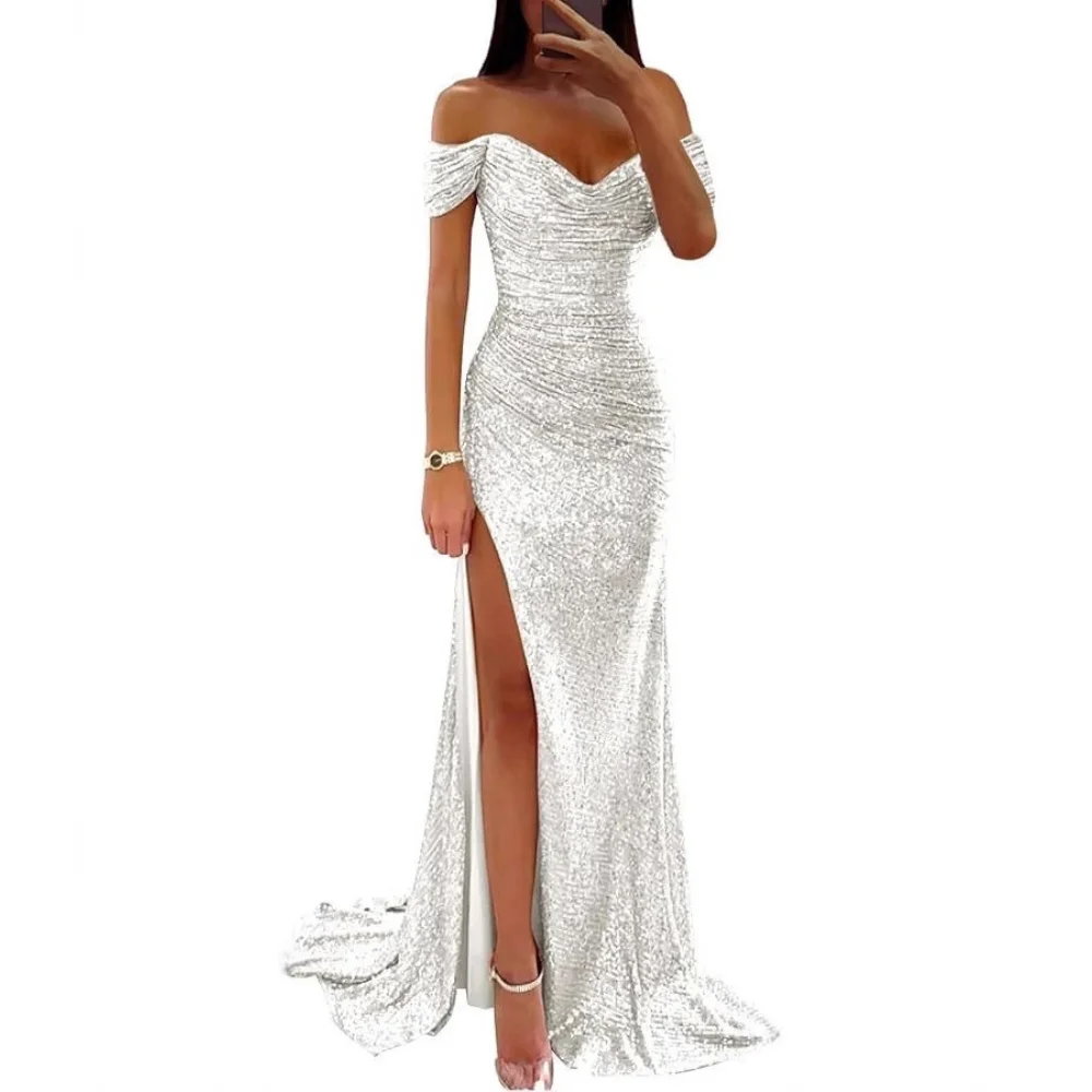 Women Sequin Prom Dress Long Dress Elegant Sequin Ball Gown for Prom Wedding Parties Off Shoulder V Neck Maxi for Banquets