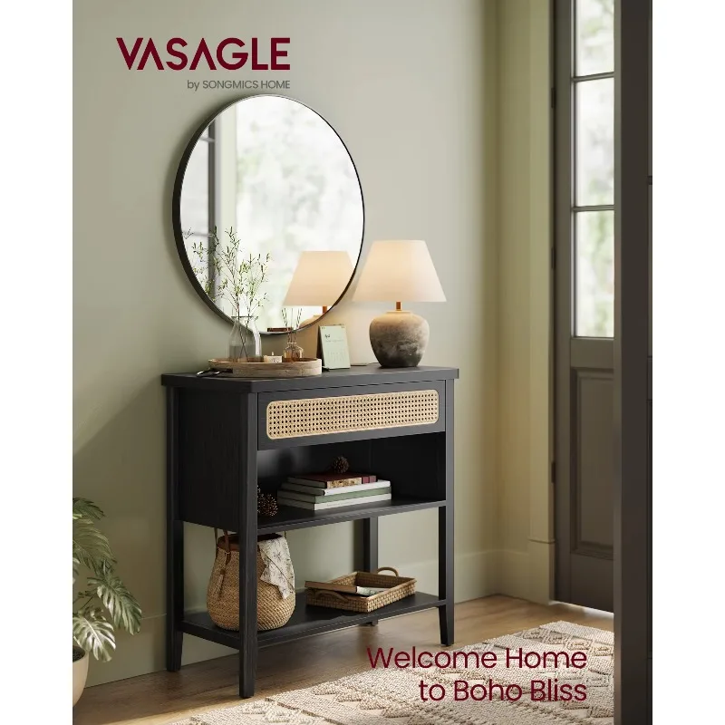Boho Black Large Capacity Entryway Table Storage Shelf Rattan Console Table Sofa Table With Drawer