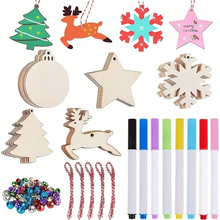 

D50pcs Unfinished Wooden Hanging Ornaments For Christmas Decorations5 Styles DIY Wood Slices With Holes For Crafts Centerpieces Holiday Hanging Decorations