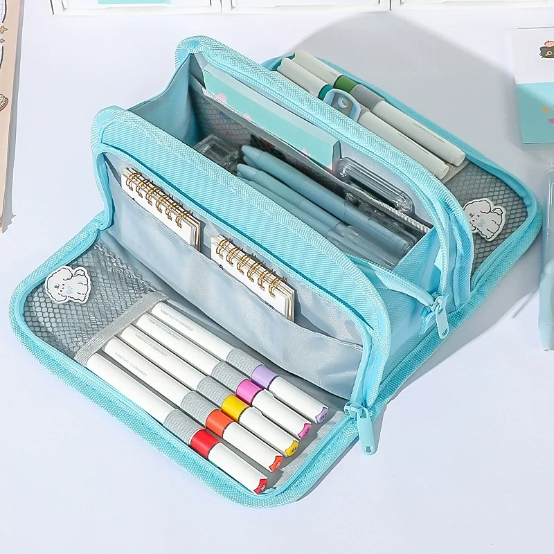 Sky Blue Pencil Bag Case Pen Holder Pouch Canvas High Capacity 2 Sides Open Cosmetic Organizer Gift School Supplies Solid Colour