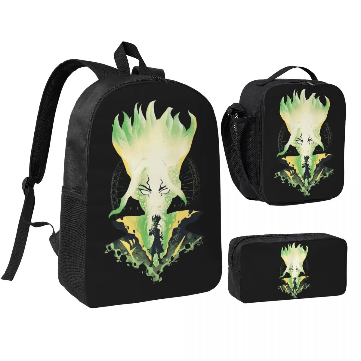 Anime Dr Stone Backpack Student BookBag School Bag Shoulder Bags 3ps Insulated Lunch Bag Pencil Case
