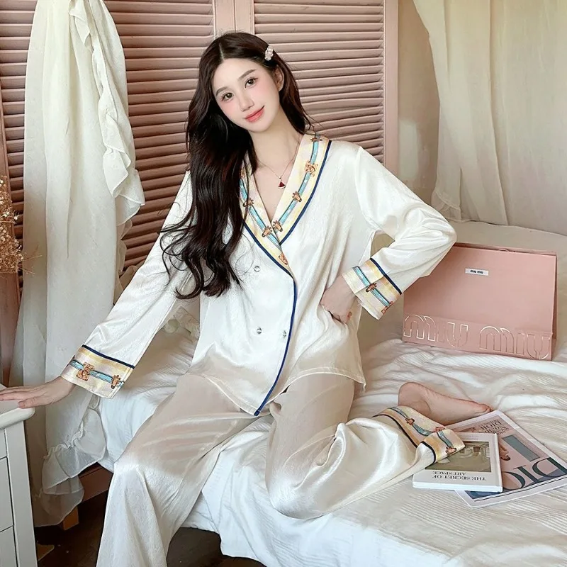 Korean Style Fashionable Women\'s Ice Silk Pajamas Spring New Leisure Thin Nightclothes Set Female High-end Loose Homewear Suit