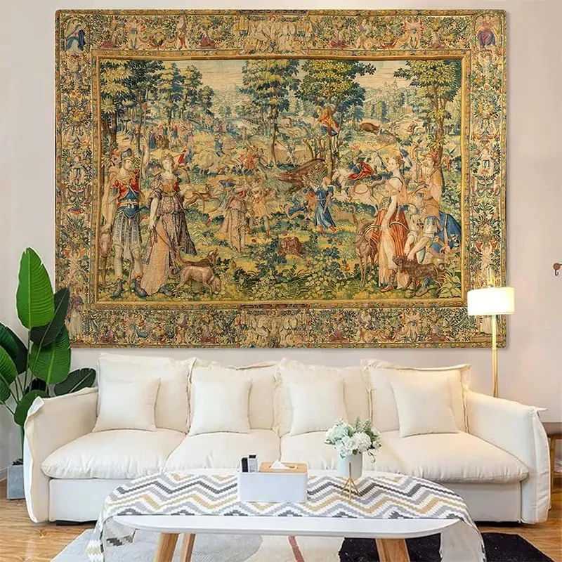 VIKAMA Medieval Tapestry, Vintage Renaissance Hunting Scene Print Wall Hanging for Bedroom Dorm Living Room Home Decor