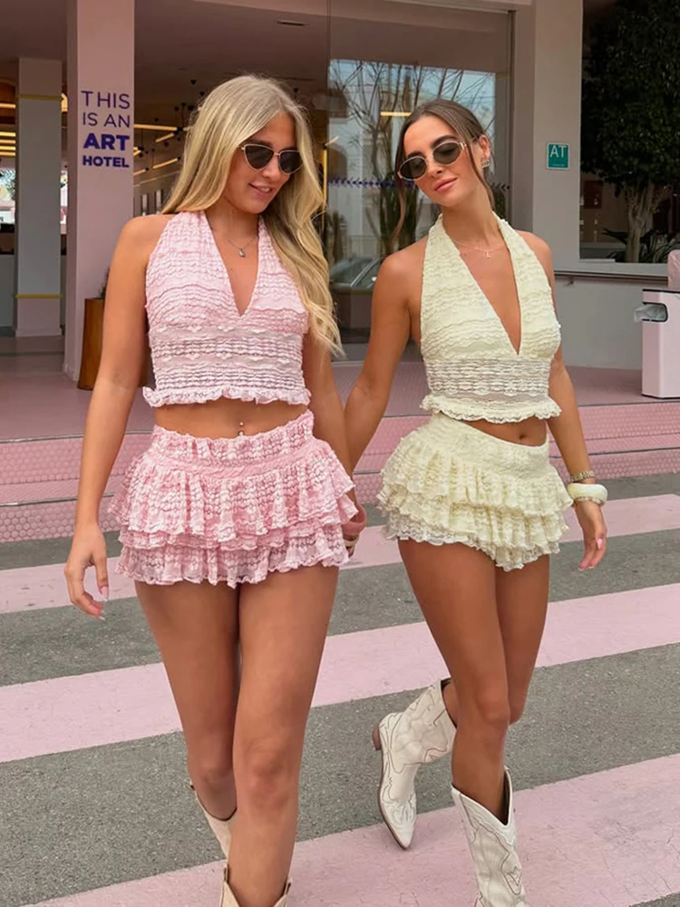 

kliou Simple Pleated Trim Women 2 Piece Set Halter V-neck Backless Crop Tanks+Stacked Slim Mini Skirts Female Vacation Outfits