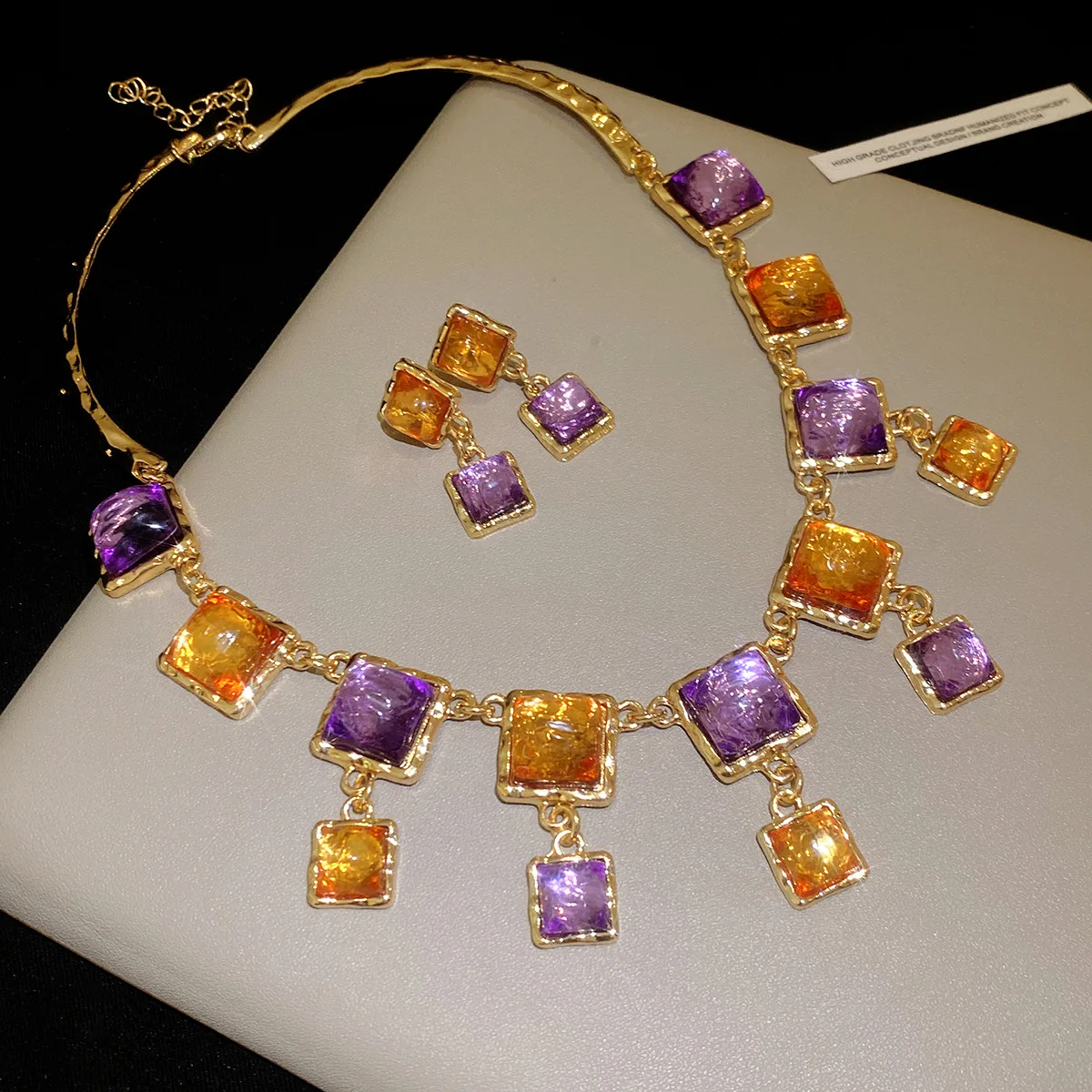 Resin Pleated Square Tassel Pendant Necklace and Earring Set