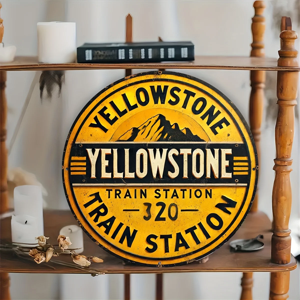 [Vintage Sign] 1pc Vintage Yellowstone Train Station Circular Aluminum Sign | 7.8x7.8 Inches | Aluminum | Metal Wall Art Decor |