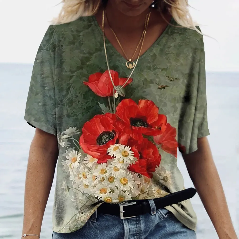 

Summer Corn Poppy 3D Print T-shirts Women Casual Fashion Streetwear Short Sleeve V-Neck T Shirt Harajuku Tees Tops Clothing