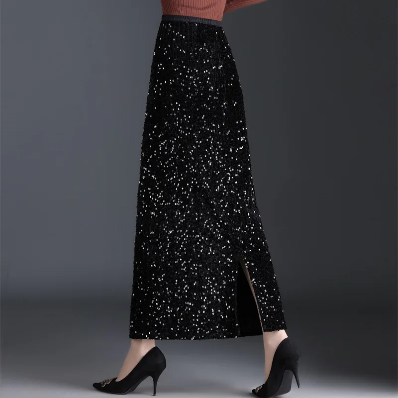 #1633 Black Gray Shinny Sequined Skirt Women Slim Office Long Pencil Skirt Ladies Korean Style High Waisted Skirts Womens Autumn