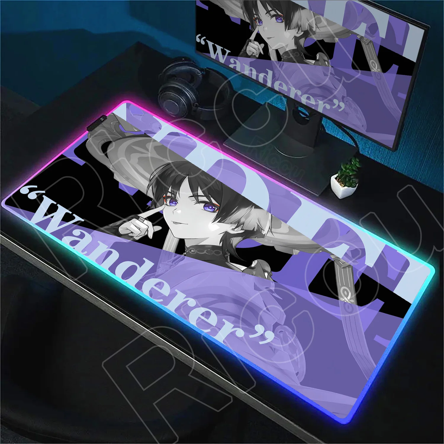 لوحة ماوس كبيرة ملونة بإضاءة LED Genshin Impact RGB لوحة ماوس ألعاب جديدة من Lyney Deskmat ملحقات ألعاب سجادة PC مع إضاءة خلفية