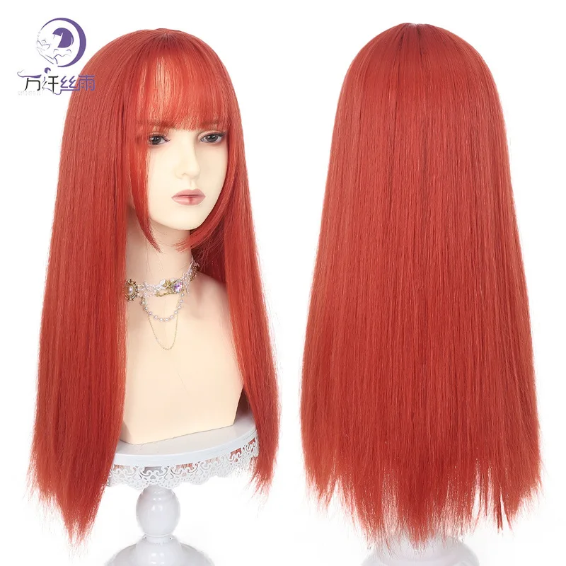 女性用ロングストレートヘアウィッグ、トレンディなダーティーオレンジカラー、前髪ともみあげ付き、小顔効果のある合成繊維ウィッグ