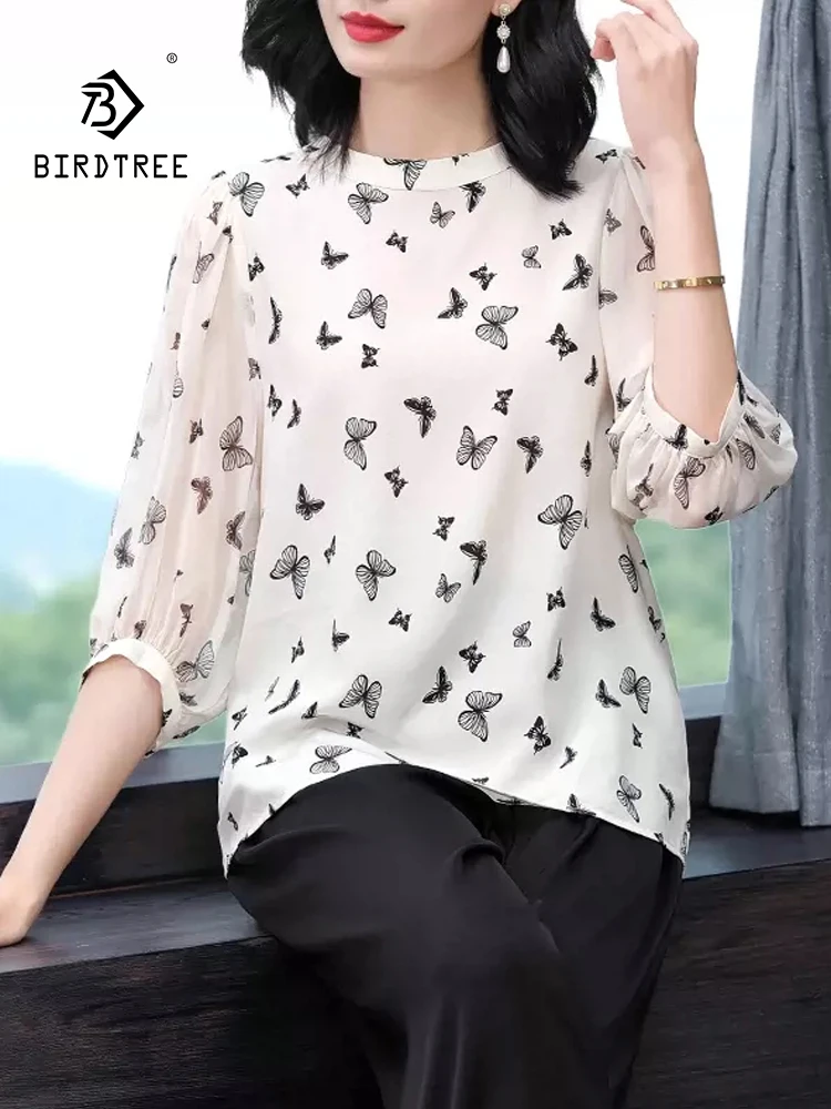 

BirdTree, 100%Real Silk Elegant Shirts, Women Long Sleeve Printed, Oversize Mom Literature Retro Blouses, 2024 Summer T444125QC