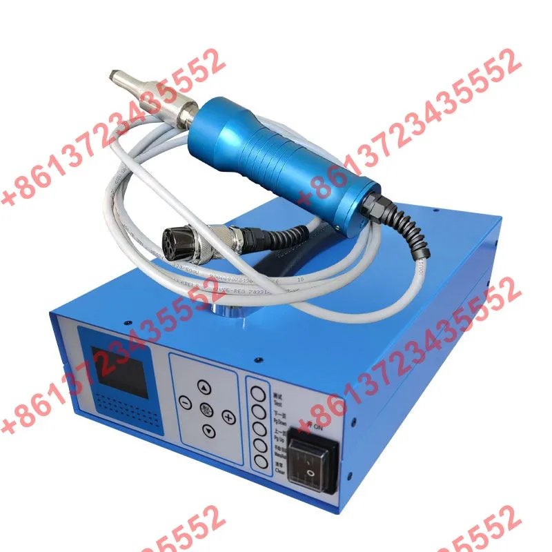 Handheld ultrasonic welding machine with 35KHz spot welding gun for automotive door panel positioning.