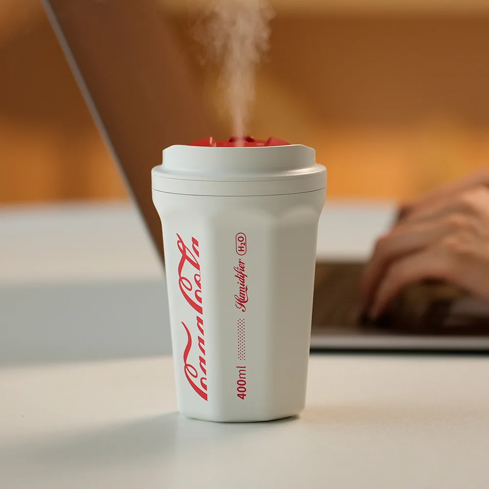 Humidificador de aire creativo para coche, humidificador de alta capacidad con carga USB, taza de Coca Cola, 400ML