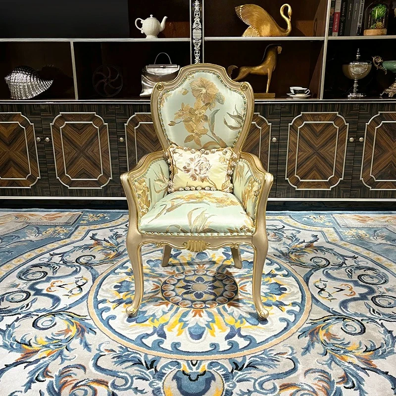

French fabric embroidery leisure chair, European court luxury solid wood single sofa chair study champagne book chair