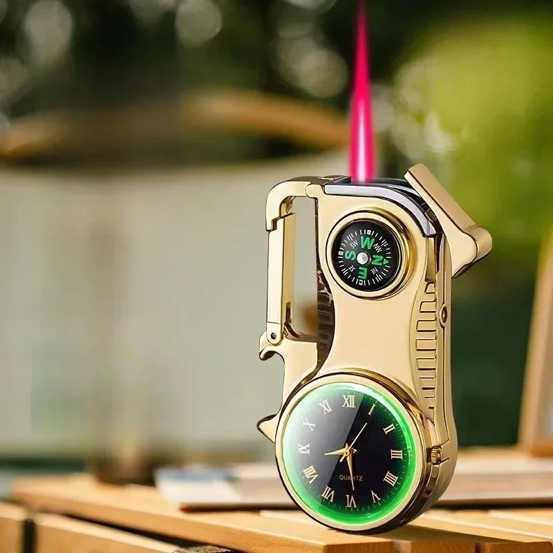 New Outdoor Compass Keychain Inflatable Windproof Lighter Multi-function Watch Bottle Opener Red Flame Butane Gas Lighters Tool