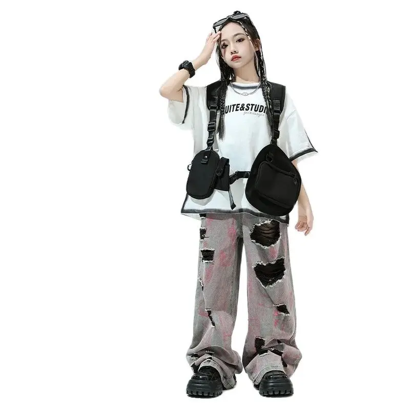 2024 Hip Hop Dance Costumes For Kids White T-Shirt Loose Pants Streetwear Girls Jazz Modern Dance Performance Clothes DQS16590