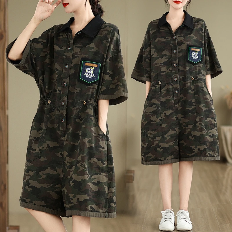 

Summer Thin Five-Quarter Wide Leg Pants Women's Camouflage Denim Overalls Slimming High Waist Trousers Individualized Jumpsuits