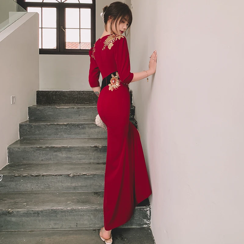 Burgundy Embroidery Evening Dress V-Neck Half Sleeves Mermaid Sexy Ankle-Length Zipper Back New Woman Formal Party Gowns A1604