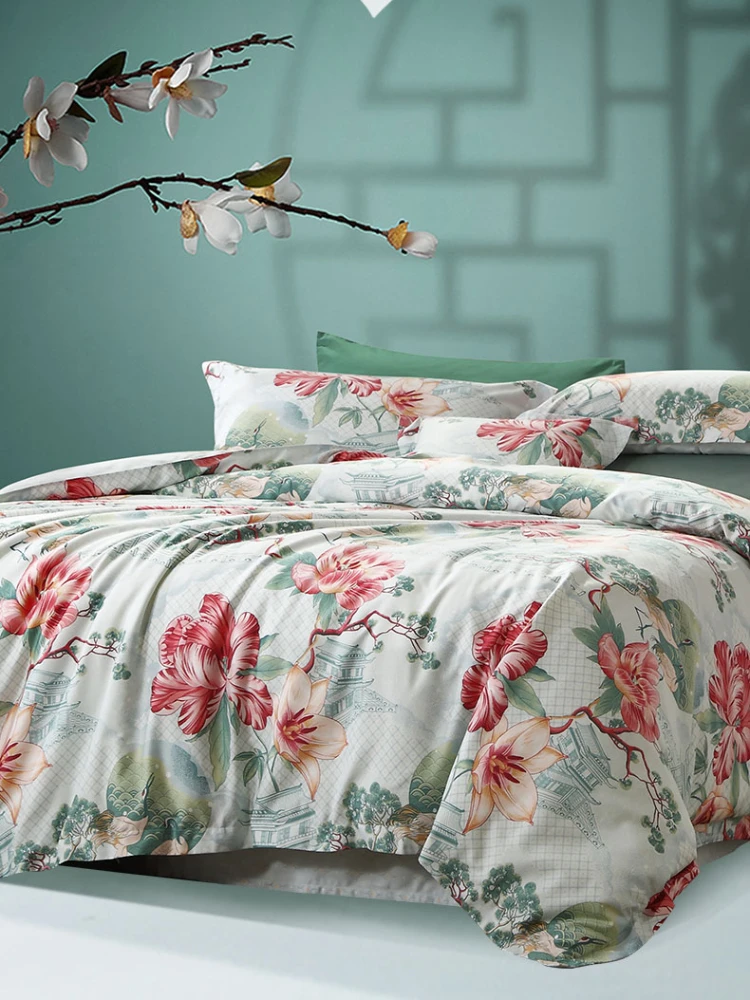 

Four-Piece 60S Long-Staple Cotton Bedding Plant Flower Bed Sheet Printed Quilt Cover New Chinese Style Tribute Satin Warm 1.8M