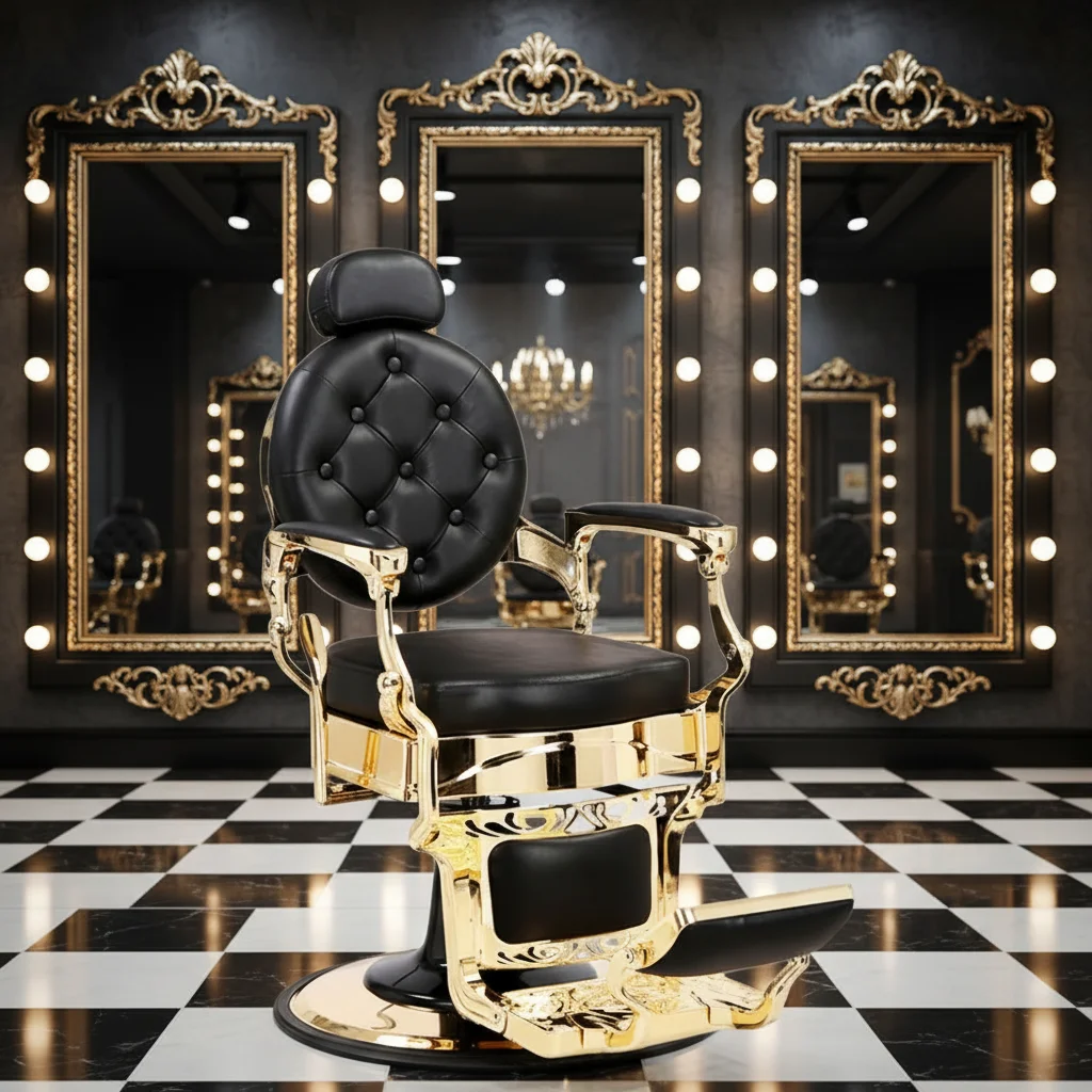 Heavy Duty Modern Hydraulic Hairdressing Chair, Gold Plated, Versatile, Hydraulic Tilting, Foldable, School Use, Durable