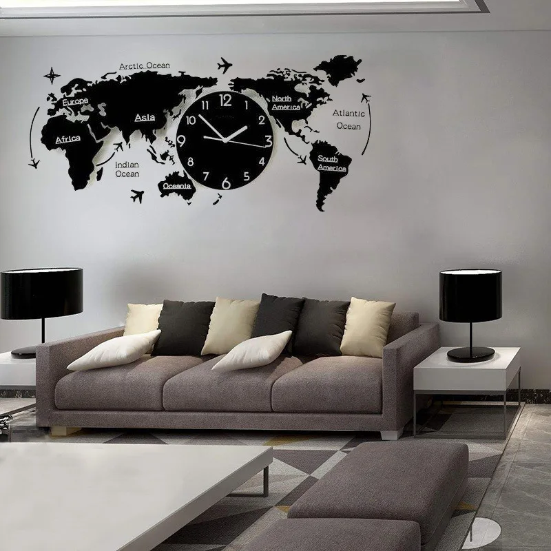 Large 3d Luxury Wall Clock Modern World Map Clocks Wall Home Decor Creative Luminous Silent Watches Living Room Decoration Gift