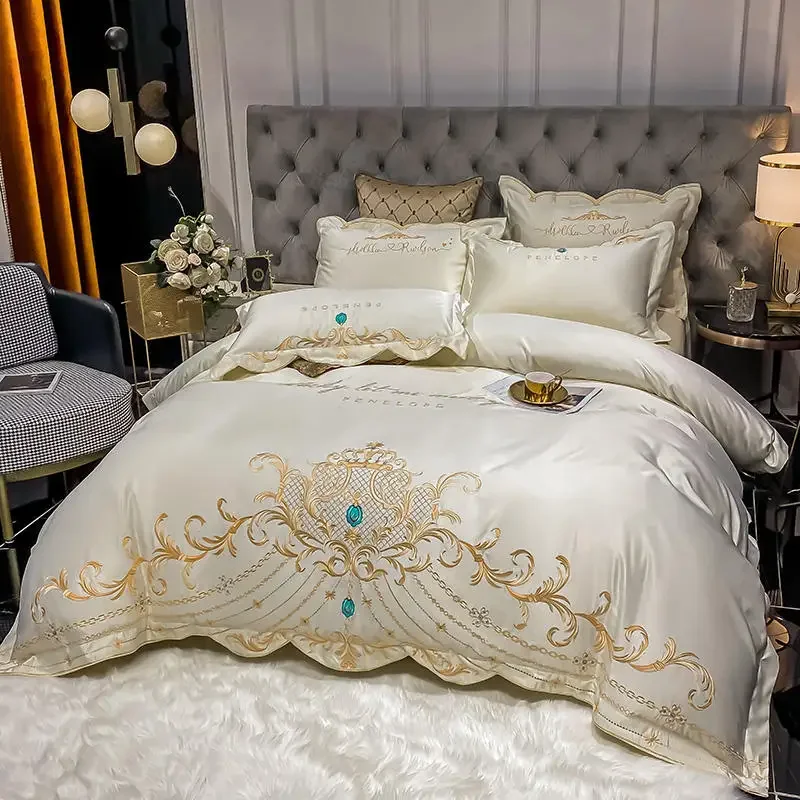 Chic Golden Embroidery Satin Cotton Bedding Set Luxury Beige Duvet Cover Bed Sheet Or Elastic Band Fitted Sheet Pillowcases