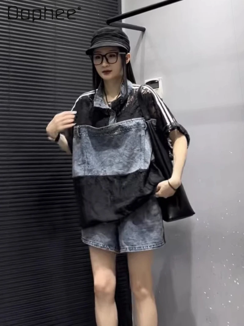 

European Trend Set Women Summer New Denim Lace Splicing Stand-up Collar Short-sleeved Top Contrasting Color Drawstring Shorts