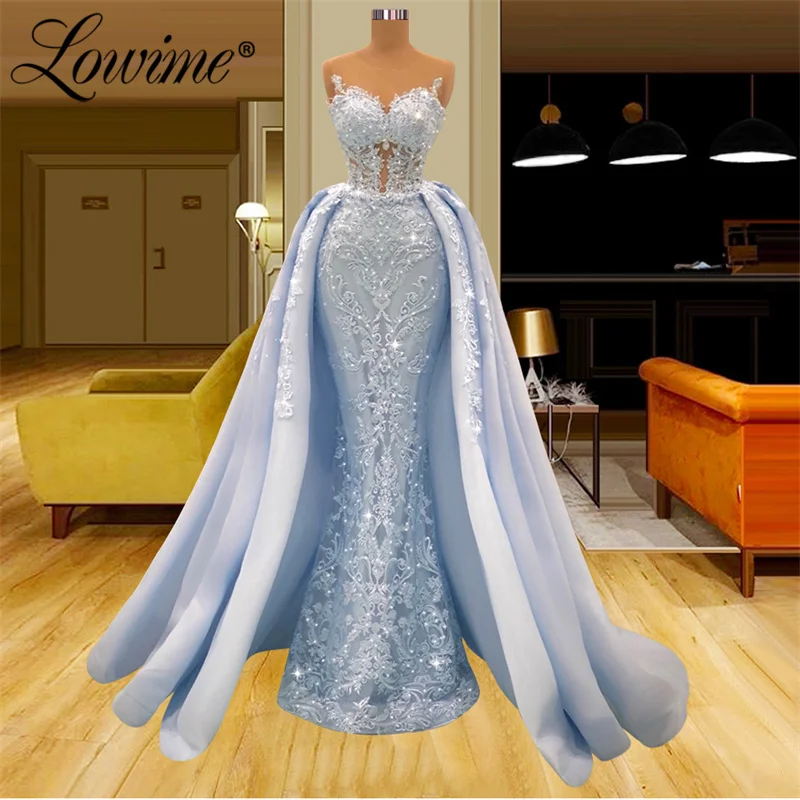 Lowime elegante azul renda sereia vestido de noite feminino formal pageant vestidos de festa dubai árabe duas peças vestidos de baile