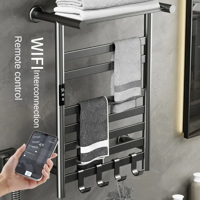 Estante eléctrico con pantalla digital, secador de toallas con estante, negro, blanco, gris, control de temperatura del baño, calentador de sincronización, diseño moderno