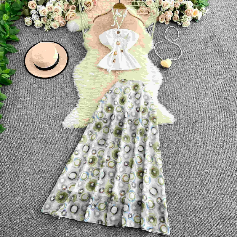 

Spicy Girl Sexy Backless Hollow Out Lace UP Off Shoulder Halter Top+Printing High Waist Slim Half Skirt Elegant Vintage Set
