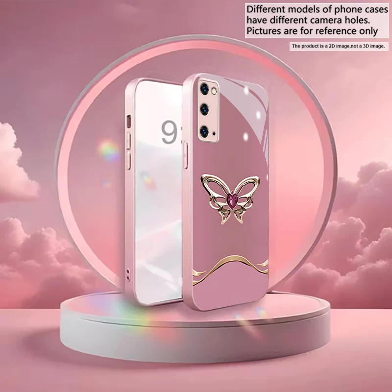 Gem‑Heart Butterfly Pink Metallic Glass Phone Case For Samsung S26 Ultra S25 Edge S24 FE S23 Plus S22 S21 S20 22+ S25 Back Cover