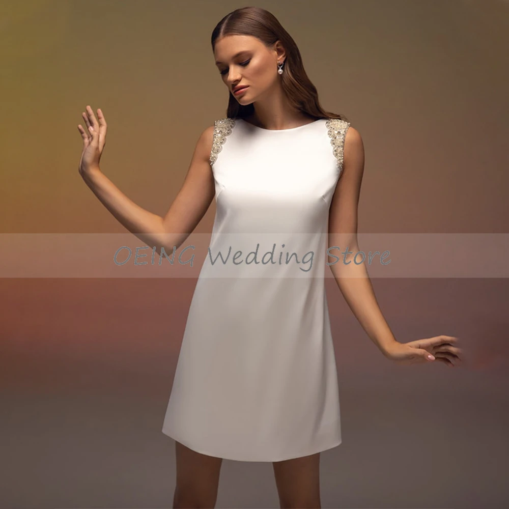 Mini vestidos de casamento branco jewel neck miçangas sem mangas curto vestido de casamento para a noiva uma linha simples vestido de festa feminino personalizado