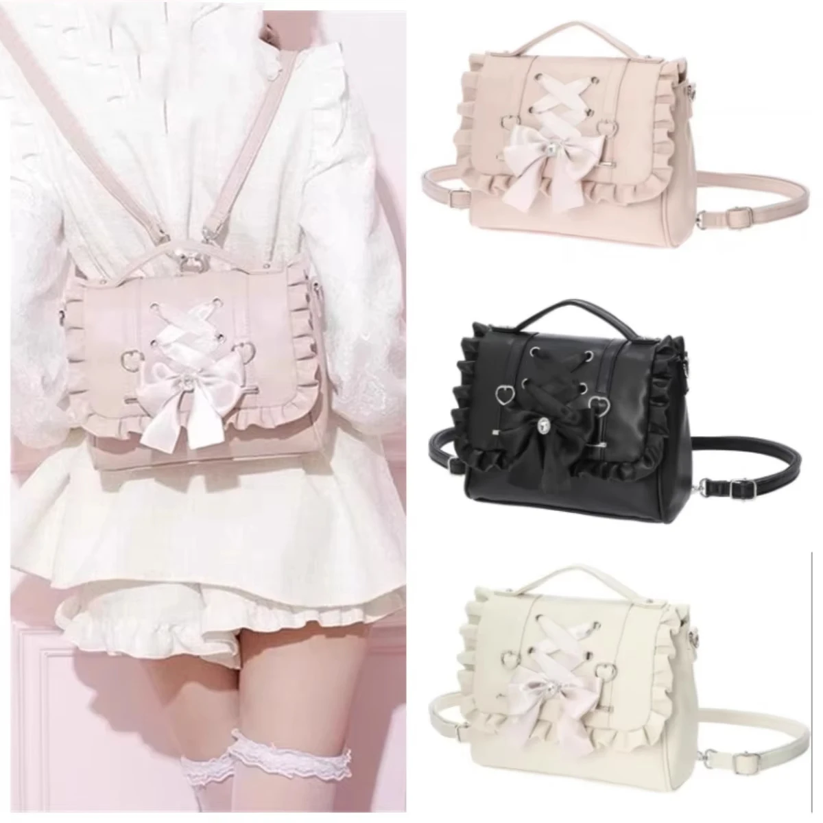 

Розовые женские кожаные сумки Mochila с милым бантом Fairyocre с эстетической ручкой, женские сумки через плечо в стиле Лолиты, большая вместительность, квадратные Mochilas 2025