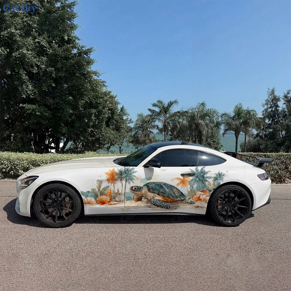 2pcs Blue-Orange Ocean Turtle Car Side Wraps, Self-Adhesive PVC Waterproof & Scratch-Resistant Stickers, Car Accessory Gift