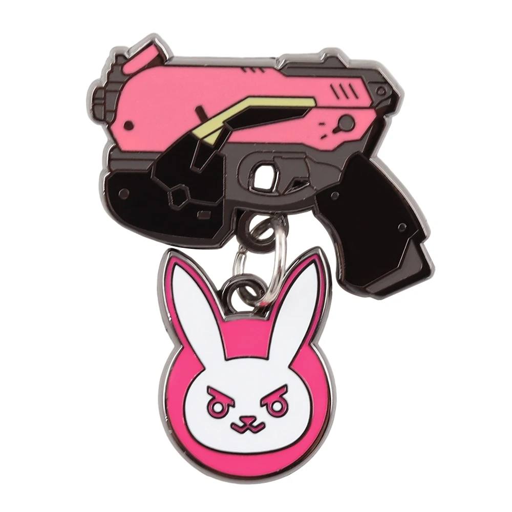 Overwatch Pink Rabbit Brosche, rosa, kreatives Cartoon-Design, niedliches Kaninchen, leichte Pistole, Emaille-Anstecknadel, Spiel-Accessoire, Metallabzeichen, Kragen-Schmuck – Detail 1