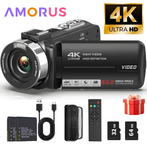 Imagen 1 del producto Cámara de vídeo 4K Videocámara Ultra 80MP Cámara digital Cámara de vlogging para YouTube 3.0"" IPS 270 ° Pantalla IR Visión nocturna DV portátil