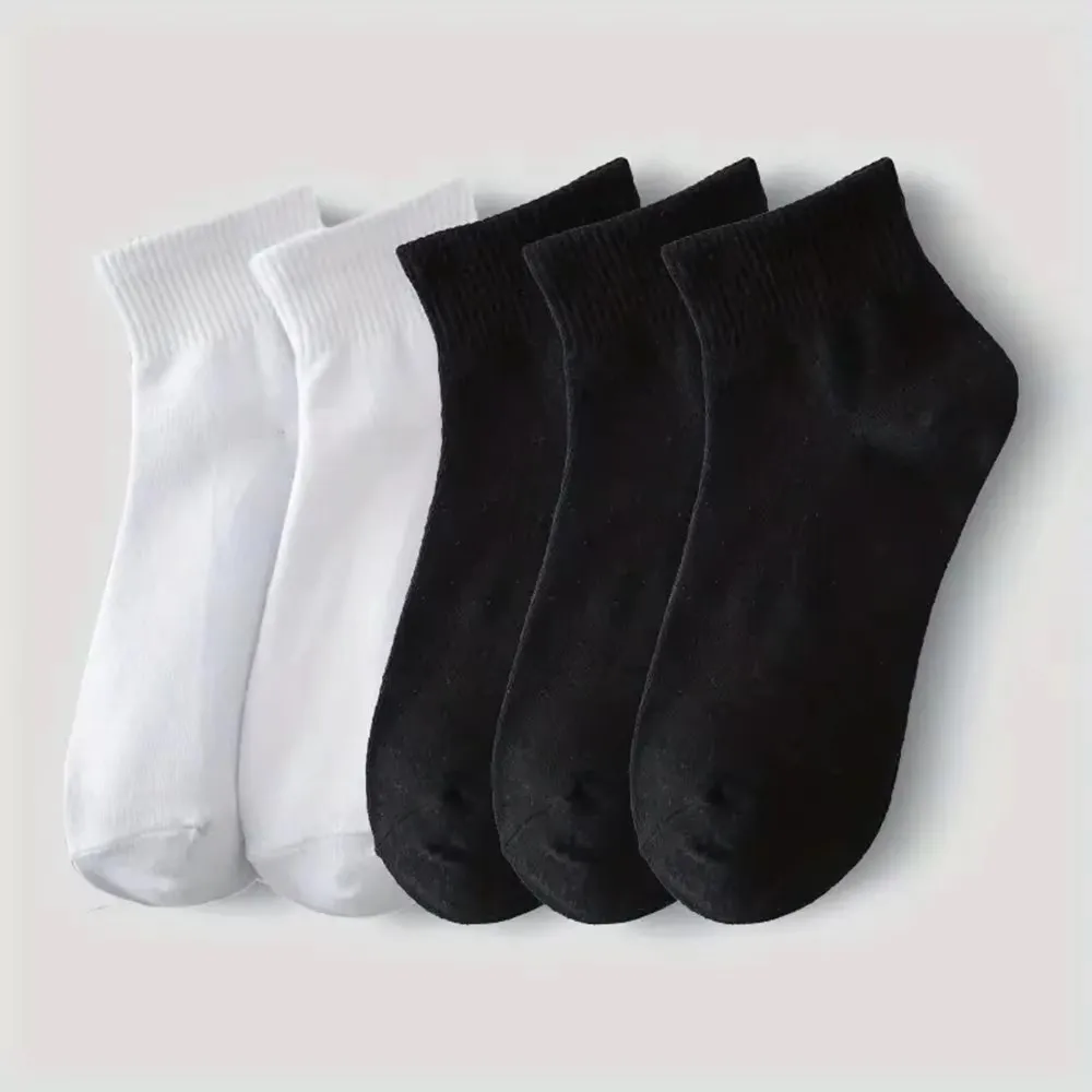 5 Pairs Fashionable Steady Solid Colour Black White Mens Socks Summer Autumn Vintage Student Boys Short Mens Low Ankle Socks