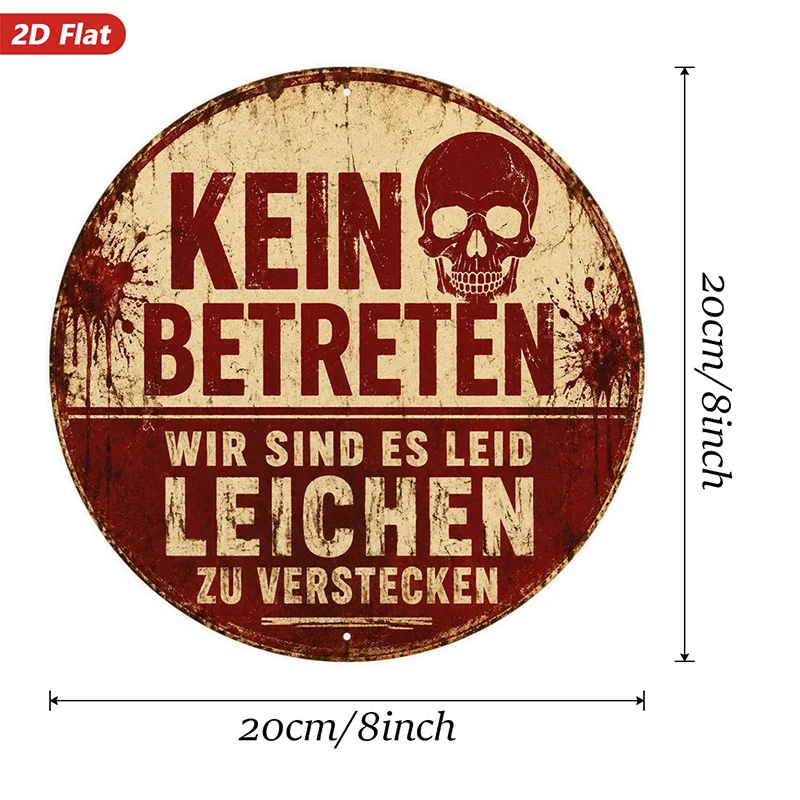 2D Flat, 1pc German Skull Warning Round Metal Sign Wall Art, No Entry Text, Human Skull, Distressed Splatter, Dark Humorous Quot