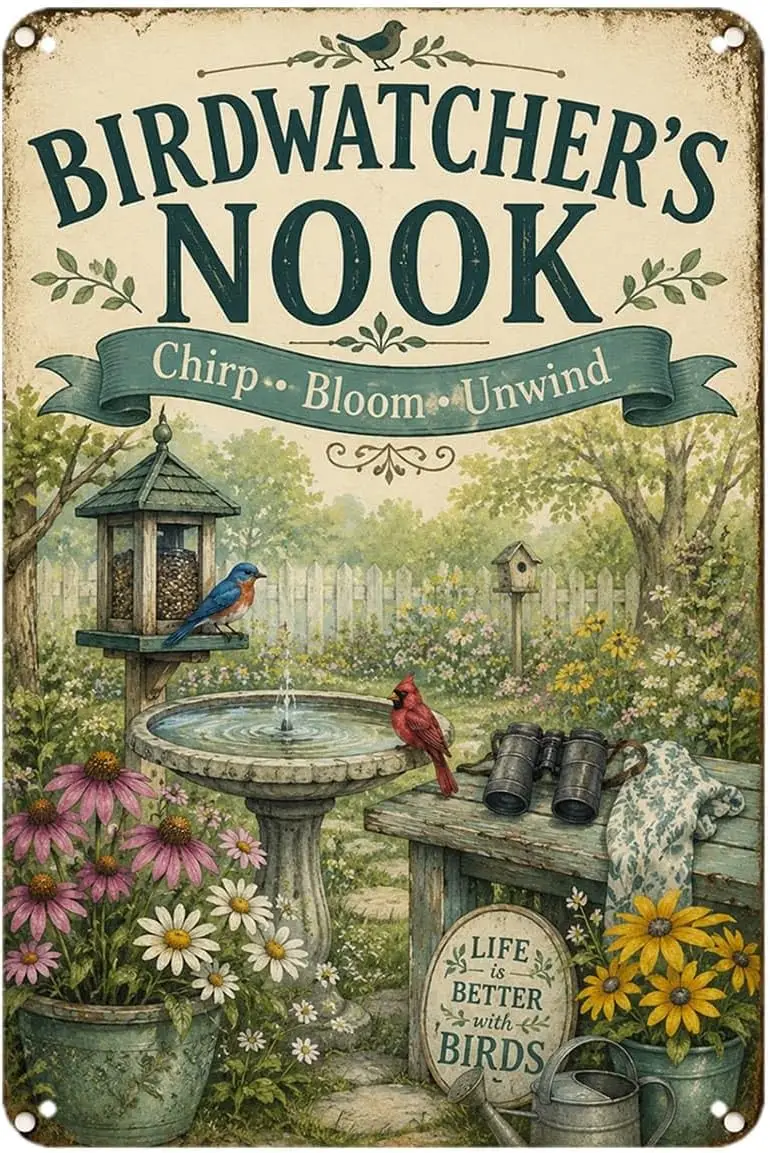 Birdwatcher’s Nook tin Sign, Vintage Bird Garden Watching Decor Metal Signs Aesthetic for Home Bedroom Kitchen Bar Garden &
