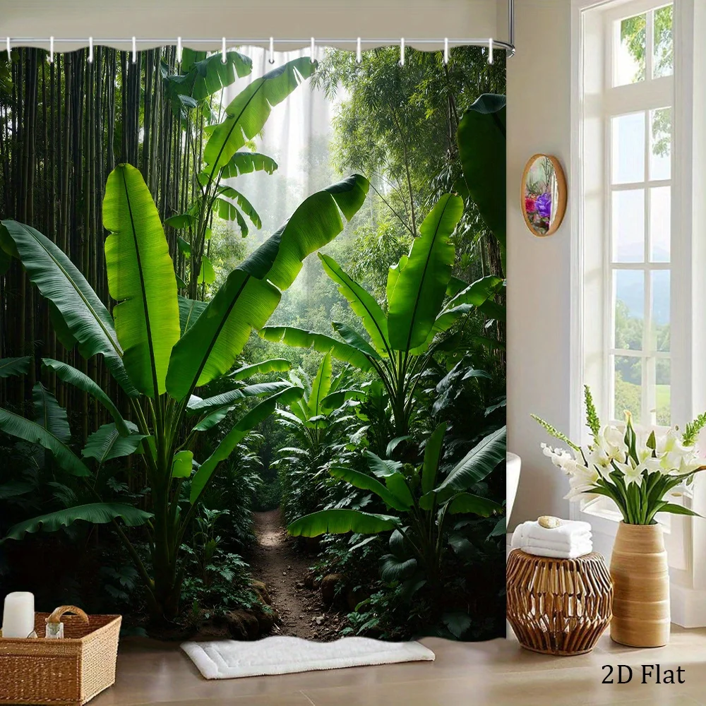1pc Tropical Forest Shower Curtain with Vibrant Green Banana Leaves & Bamboo Stalks Design, Dappled Sunlight Effect, 70.8x70.8 I