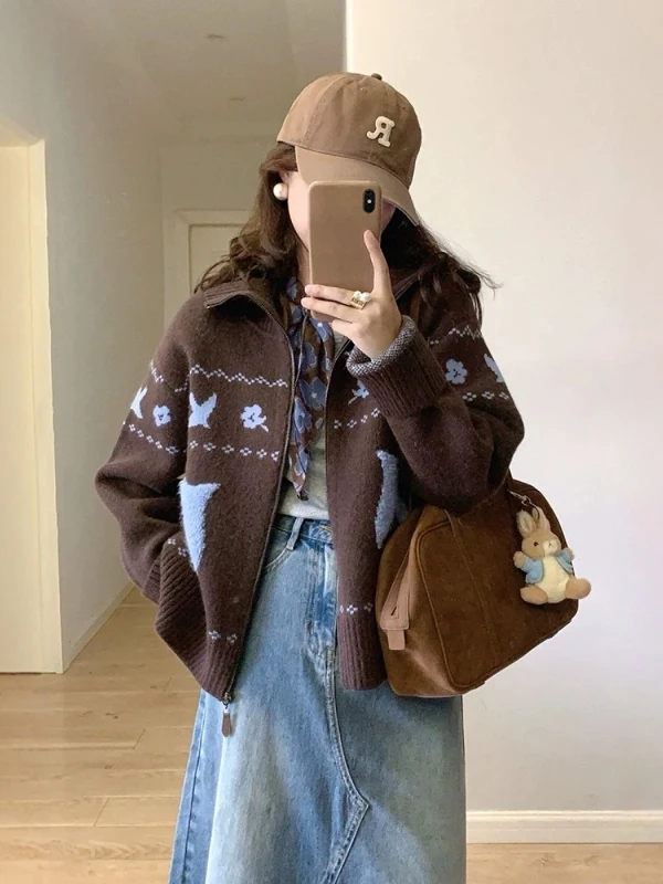 

Женский вязаный кардиган на молнии свободного кроя, осенне-зимний, в стиле lazy chic, с коричневым воротником, на пуговицах, теплый повседневный топ