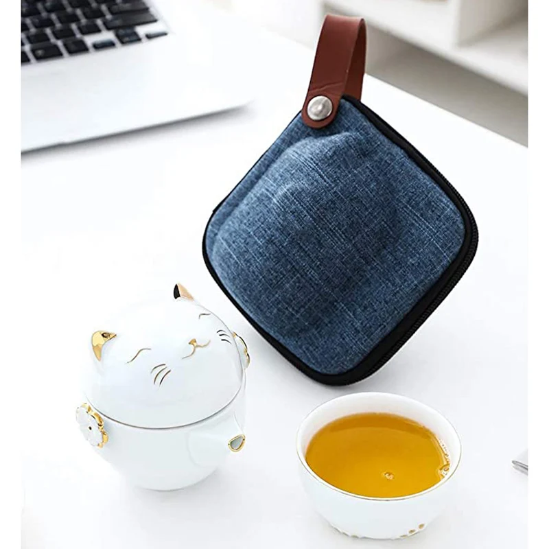 Portable Ceramic Tea Cup Set, Lucky Cat Porcelain Teapot Set with Tea Strainer Lids, 1 Storage Bag, Suitable for Travel