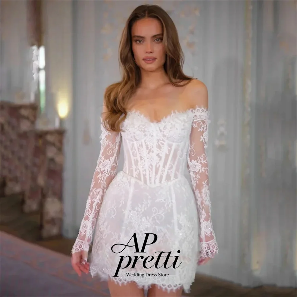 AP pretti Customized Modern Off The Shoulder Sweetheart Collar Bridal Gown Long Sleeve Lace Short Wedding Dresses For Woman