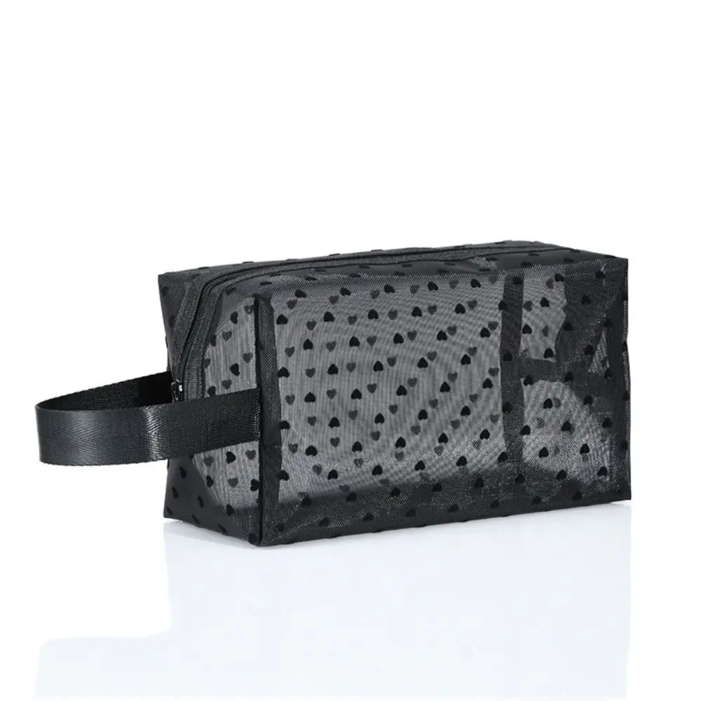 Fashion Wave Point Love Heart Mesh Makeup Bag Zipper Large Capacity Transparent Cosmetic Bag Toiletry Bag Organizer Case Girls