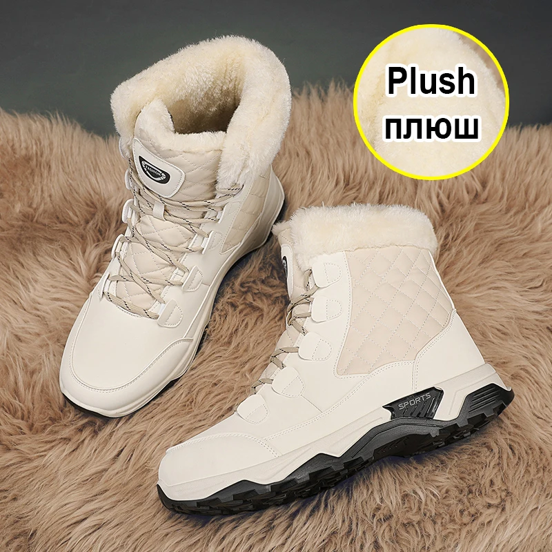 Women\'s Snow Boot With Waterproof Lace Up Mid-Calf Outdoor Sneakers For Women Winter Shoes Unixex Non-slip Rubber Sole
