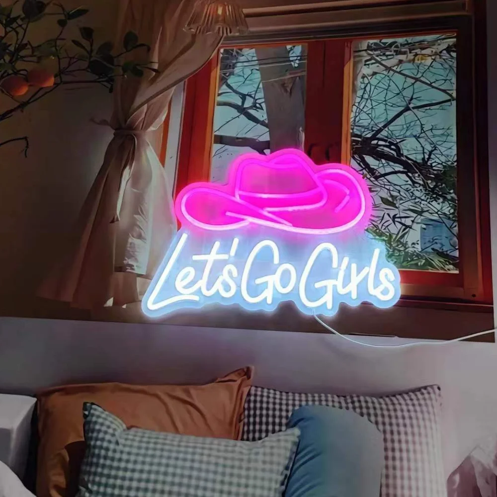 

Let's Go Girls Neon Sign Pink White Cowboy Hat Neon Signs Letter Led Light up Cowboy Hat Neon Sign Wall Decor Dimmable USB