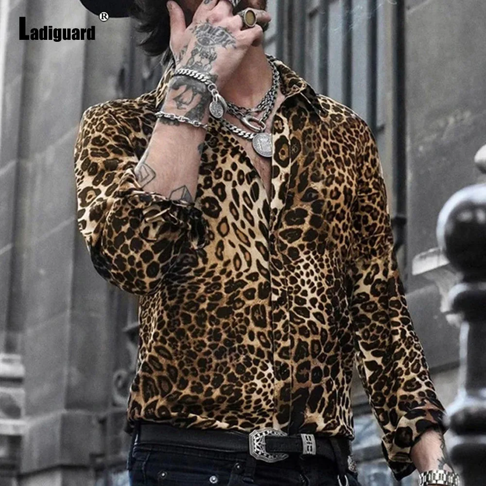 Creative Fashion Leopard Print Blouse Mens Vintage Shirts Clothing 2024 Summer Long Sleeve Basic Top Men Casual Shirt blusas New